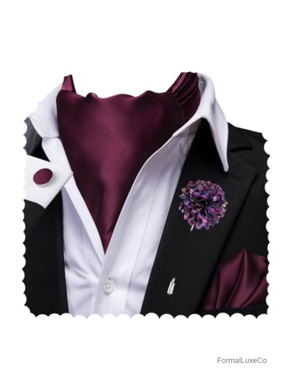 Silk Ascot Tie Set with Pocket Square, Cufflinks & Lapel Pin for Wedding